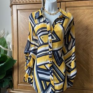 Ashley Stewart Yellow Blue Push Sleeve Blouse